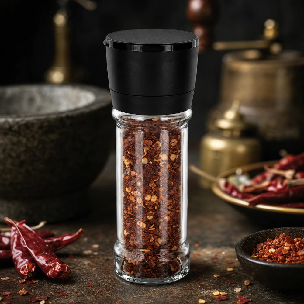 Transparentes Glasgewürzgefäß 100ml mit schwarzer Mahlmühle und Chilipulver Füllung