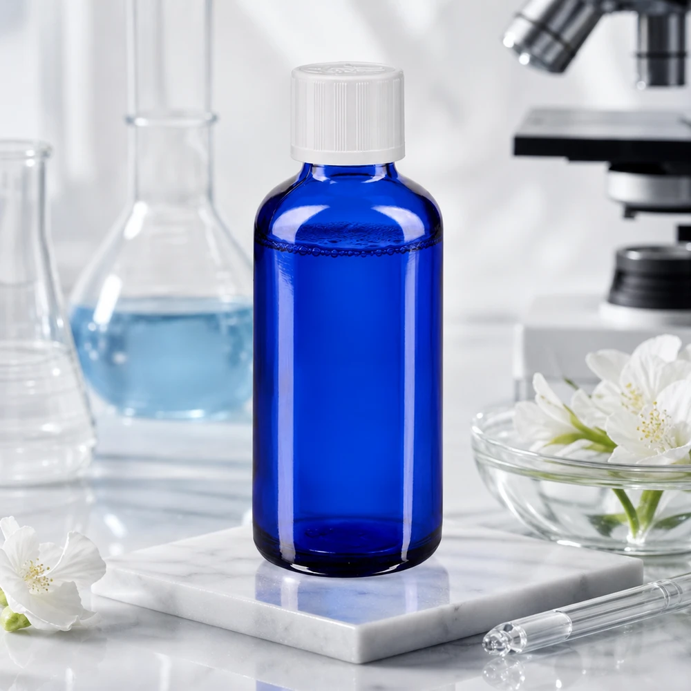 Kobaltblaue Tropfflasche 50ml auf Marmor-Untersetzer in wissenschaftlicher Laborumgebung
