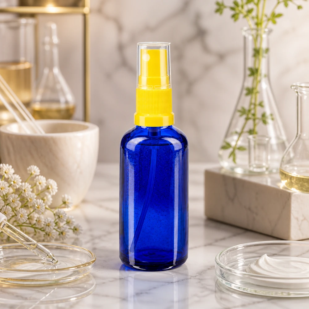 Apothekenflasche blau 50ml Sprayaufsatz gelb Apothekerflasche in Blauglas mit transparenter Schutzkappe und gelbem Zerstäuber