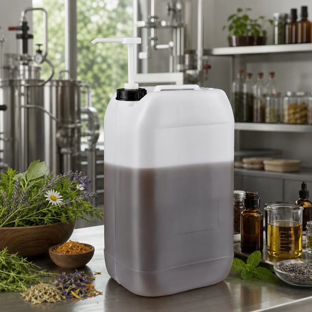 Kanister 15 Liter mit Dosierpumpe Großer Vorratsbehälter 15L mit weißer Pumpe neben Messbechern und Braunglasfläschchen in Herstellungsbetrieb