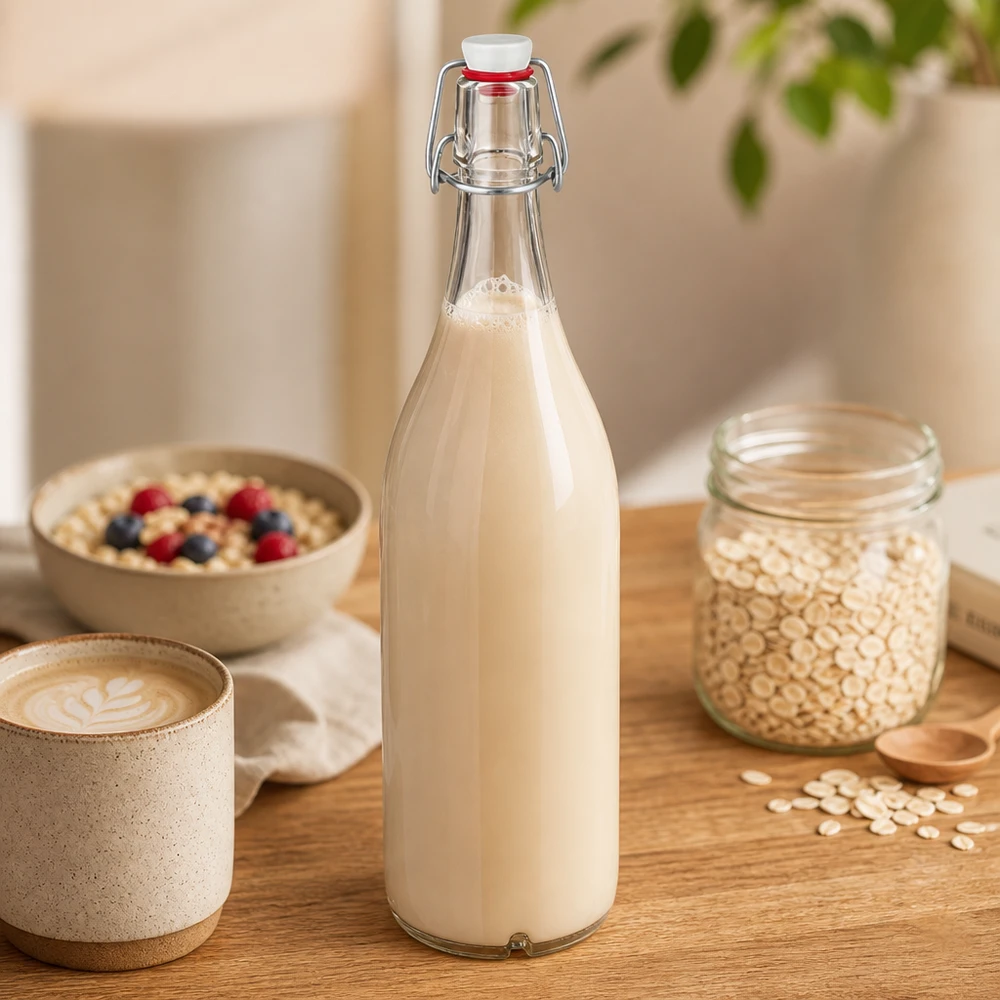 1000ml Glasflasche und Bügelverschluss Porzellan UNiTWIST 1000ml Glasflasche mit Bügelverschluss gefüllt mit Hafermilch neben Haferflocken und Frühstücksschale auf Holztisch