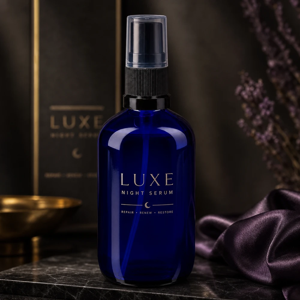 100ml kobaltblaue Apotheker Pumpflasche als Night Serum Verpackung mit goldenem Markenauftritt