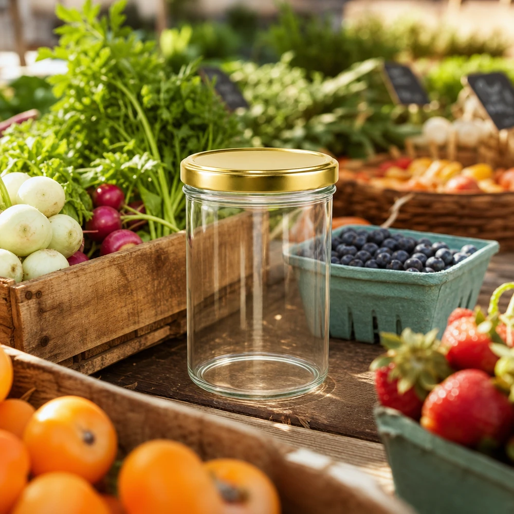 435ml Sturzglas mit BasicSeal Deckel gold UNiTWIST 435ml Sturzglas UNiTWIST mit goldenem Deckel zwischen frischem Obst und Gemüse auf rustikalem Holztisch