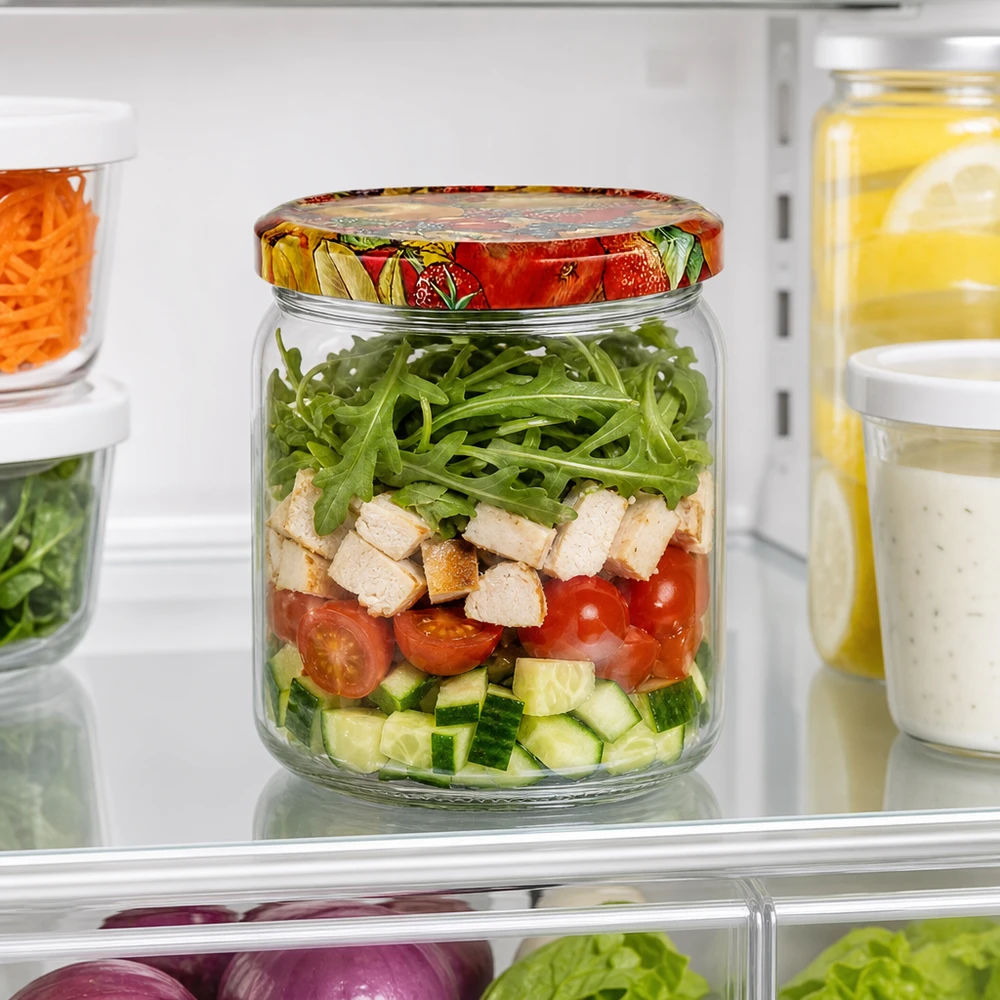 408ml Rundglas + BasicSeal Deckel Obst-Dekor UNiTWIST 408ml Rundglas als Salatbehälter im Kühlschrank mit BasicSeal Deckel Obst-Dekor für Meal Prep und Aufbewahrung