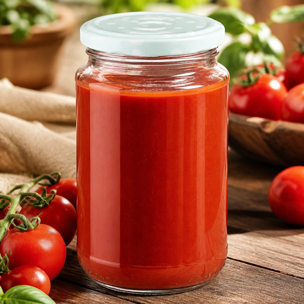 320ml UNiTWIST Rundglas mit Tomatensauce und mattem BasicSeal Punkte Deckel in mint auf Holzuntergrund
