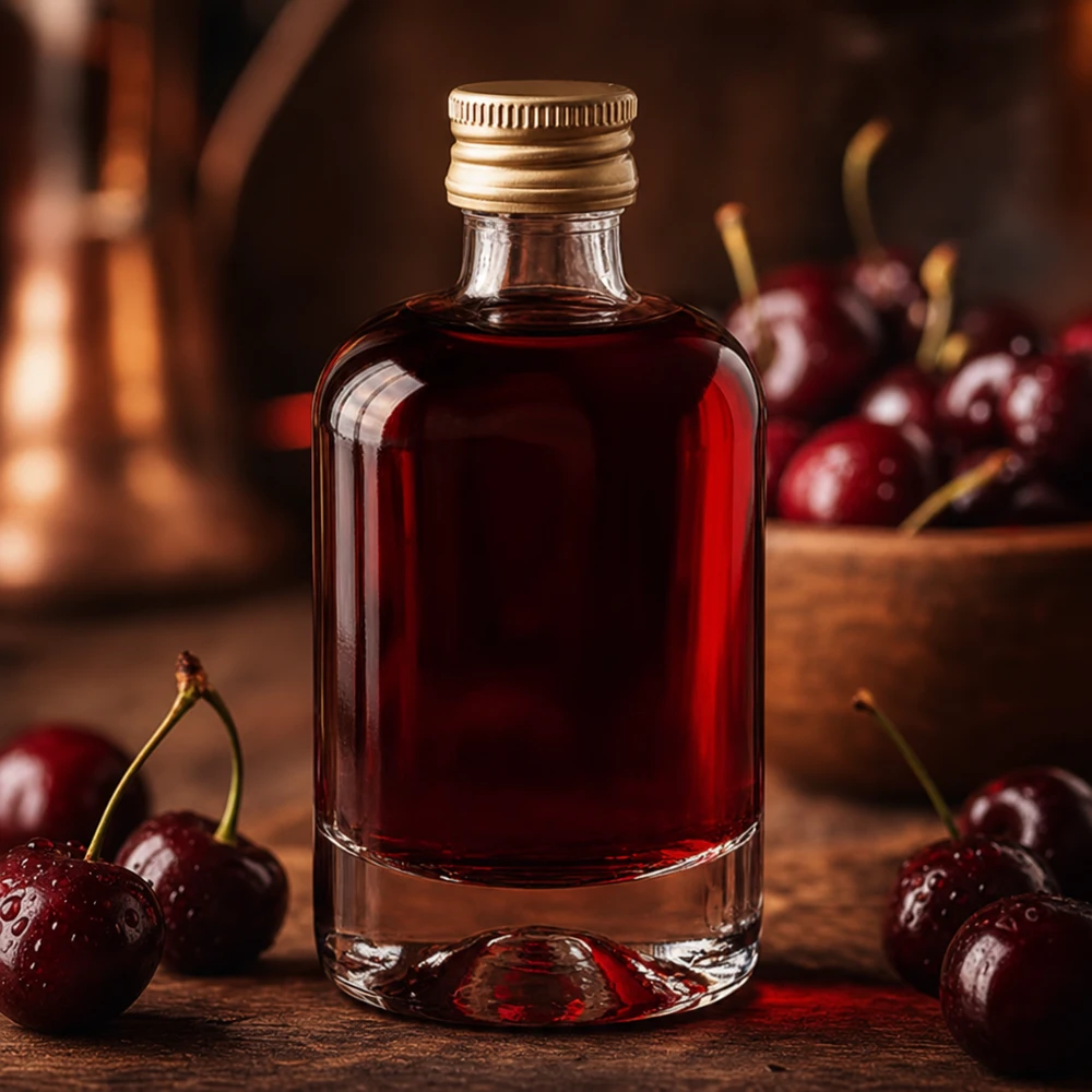 40ml Glasflasche "Sara" mit Schraubverschluss gold UNiTWIST 40ml Glasflasche Sara mit roter Kirschlikör-Füllung und goldener Kappe - stilvolle Präsentation zwischen frischen Kirsch