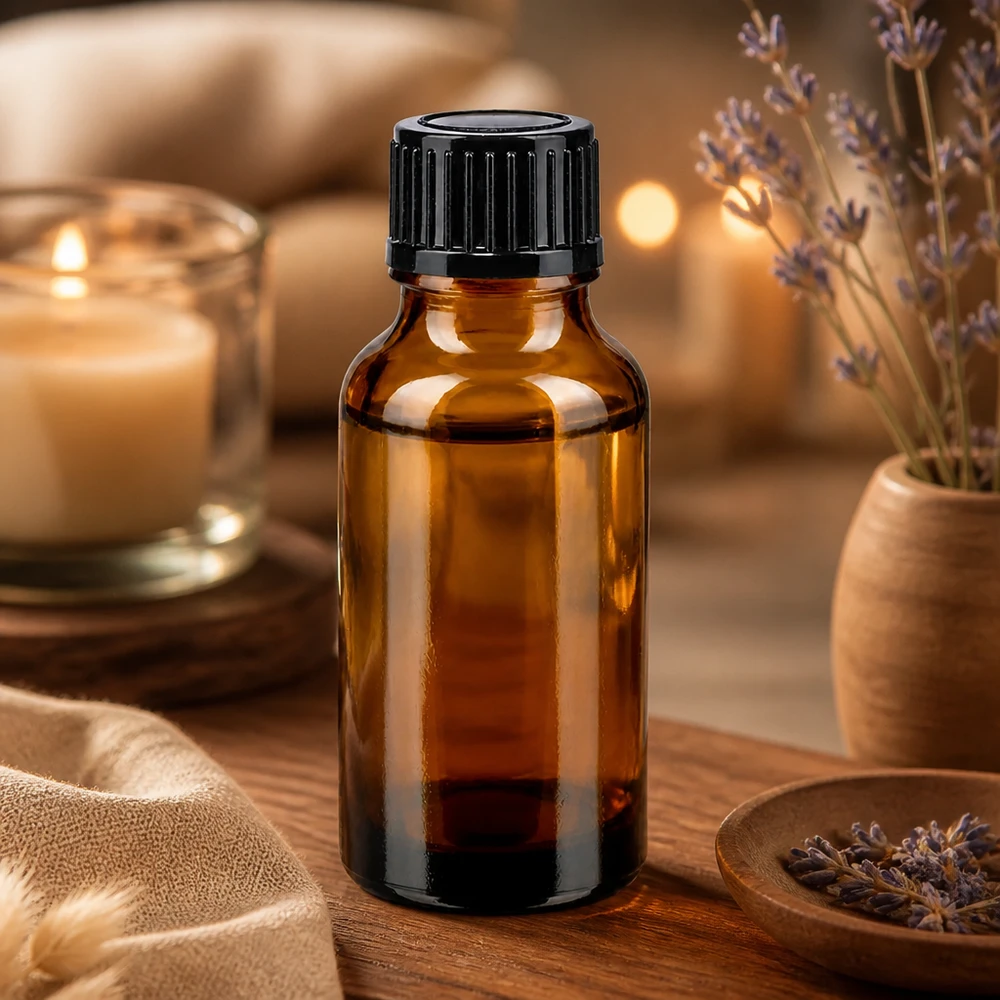 Apothekenflasche braun 20ml Schraubverschluss schwarz Standard Kompakte 20ml Glasflasche in Bernsteinfarbe mit kindersicherem Schraubverschluss auf Holztisch