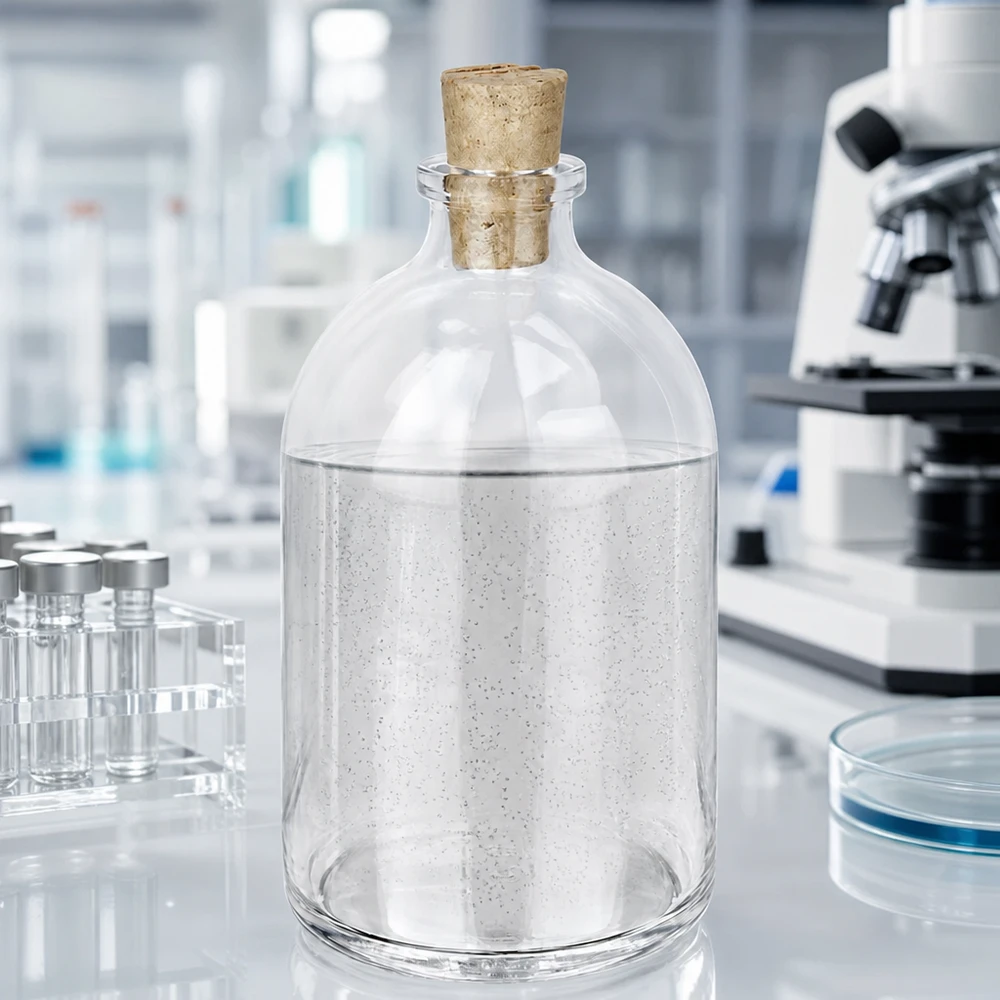 Borosilikatflasche 100ml mit Korken 11/14mm im professionellen Laborumfeld mit Reagenzgläsern