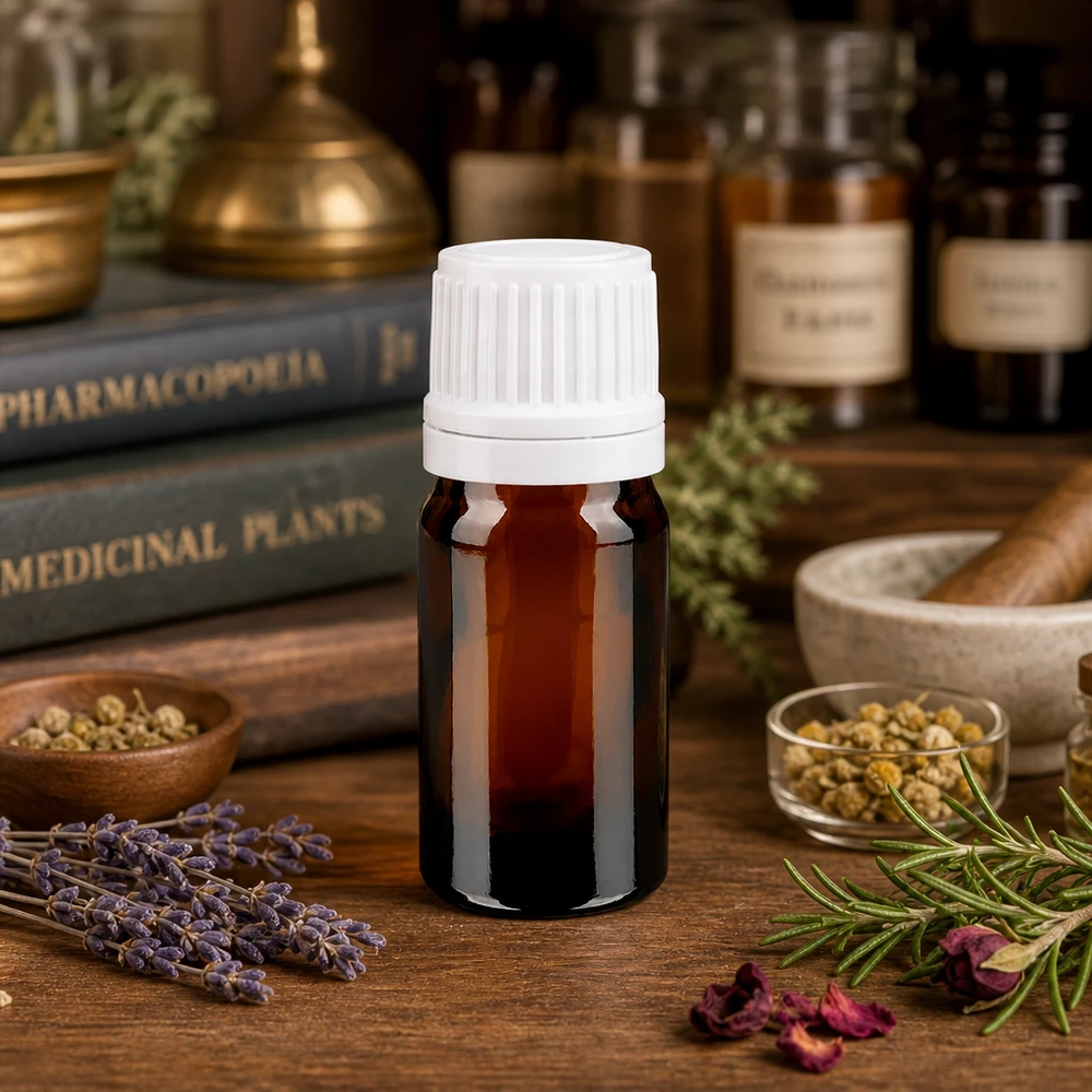 Apothekenflasche braun 5ml Schraubverschluss weiß Originalitätsverschluss Dunkle Miniaturflasche 5ml mit OV Verschluss umgeben von Lavendel Rosmarin und Kamillenblüten