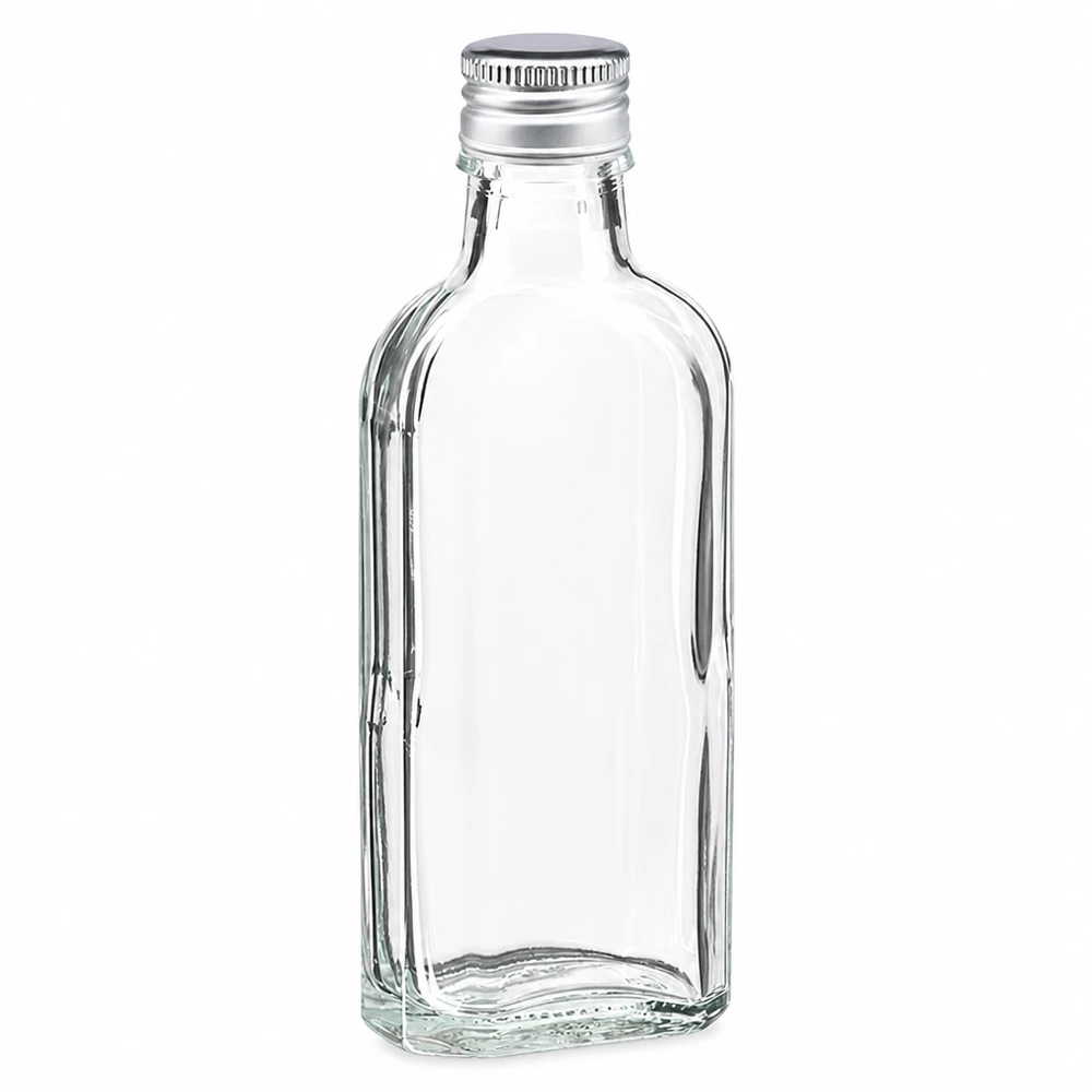 Kleine flache Glasflasche 100ml transparent mit Schraubverschluss Aluminium silber PP22