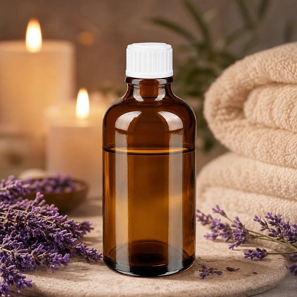 Kleine Glasflasche in Braun 50ml mit weißem Standardverschluss für Aromatherapie und Wellness