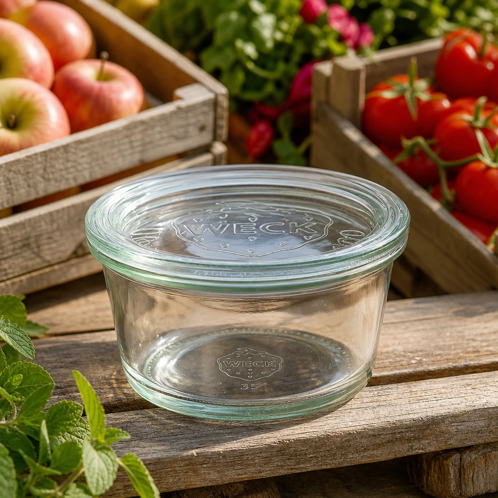 WECK RR120 Gourmetglas 450ml mit Glasdeckel auf Holztisch zwischen frischen Äpfeln und Tomaten im Garten