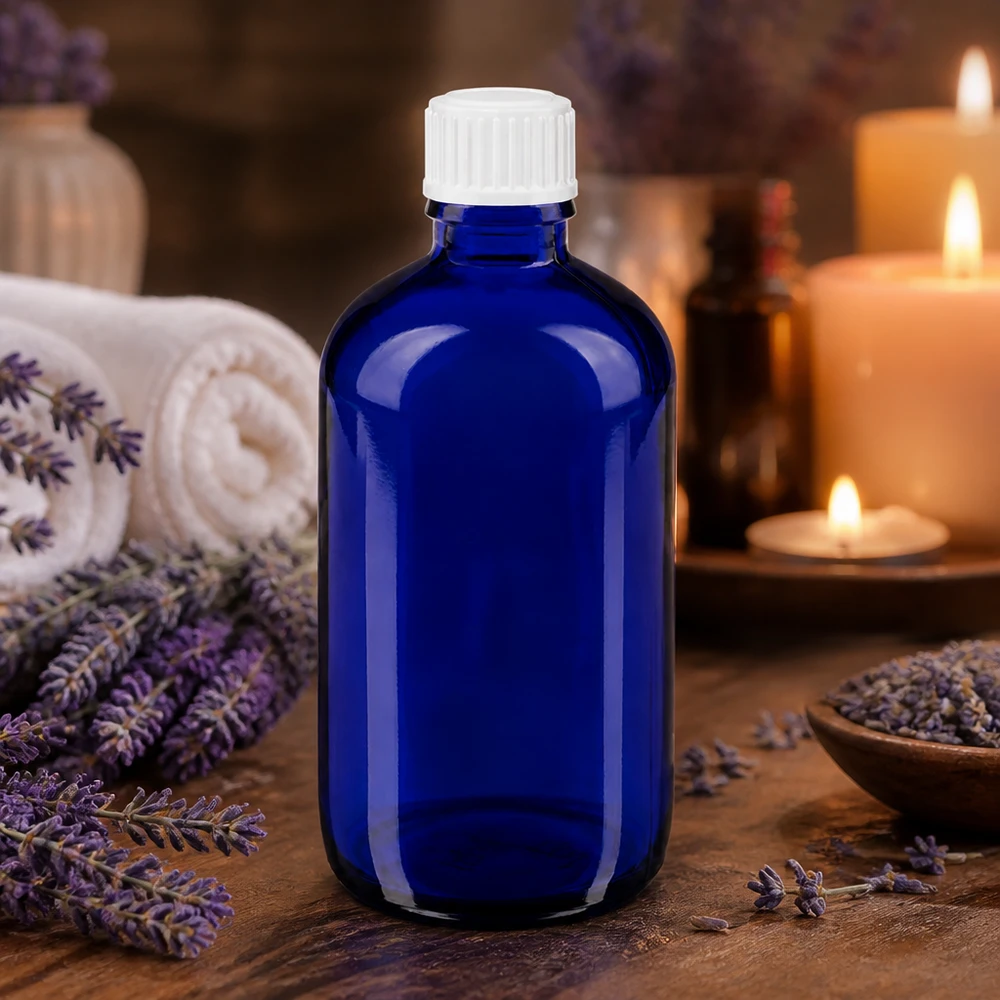 Apothekenflasche blau 100ml Schraubverschluss weiß Standard Kobaltblaue Apothekerflasche 100ml Standard Schraubverschluss weiß 11mm