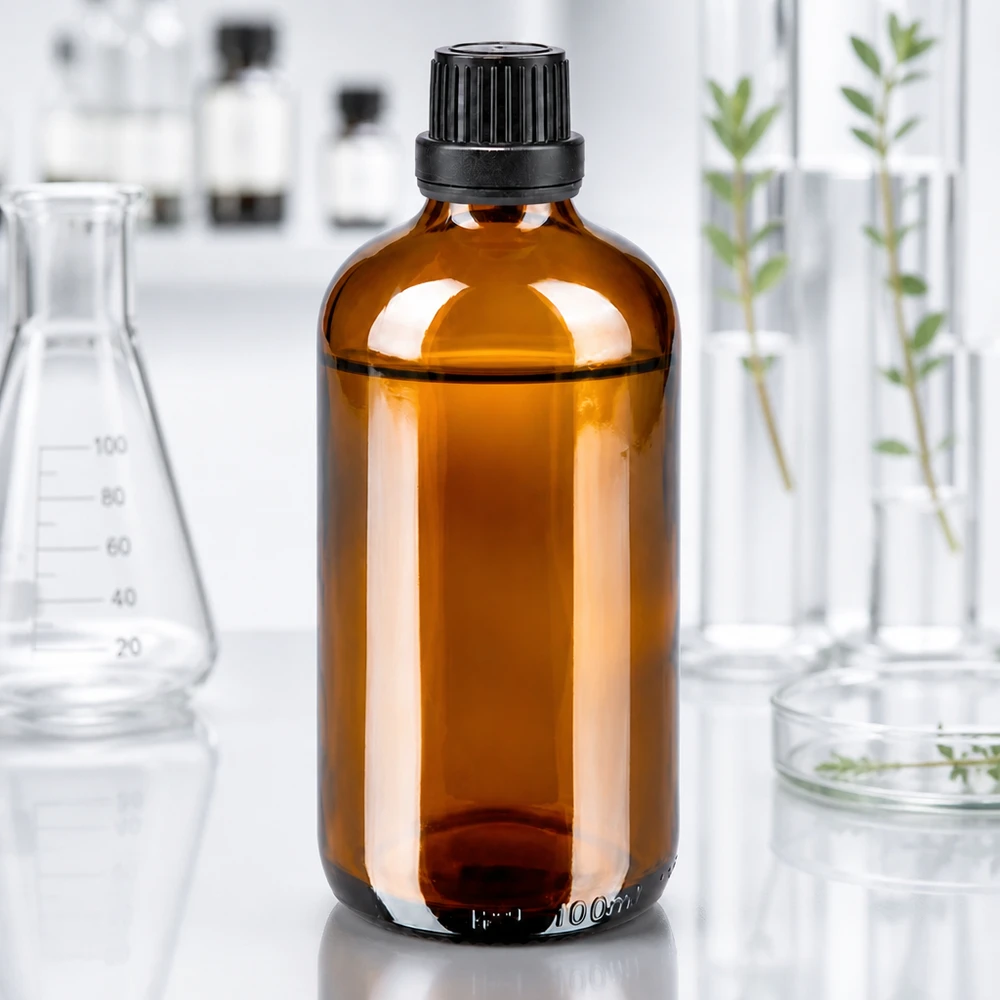Bernsteinfarbene 100ml Apothekerflasche mit OV-Verschluss und 2mm Tropfeinsatz in professioneller Laborumgebung