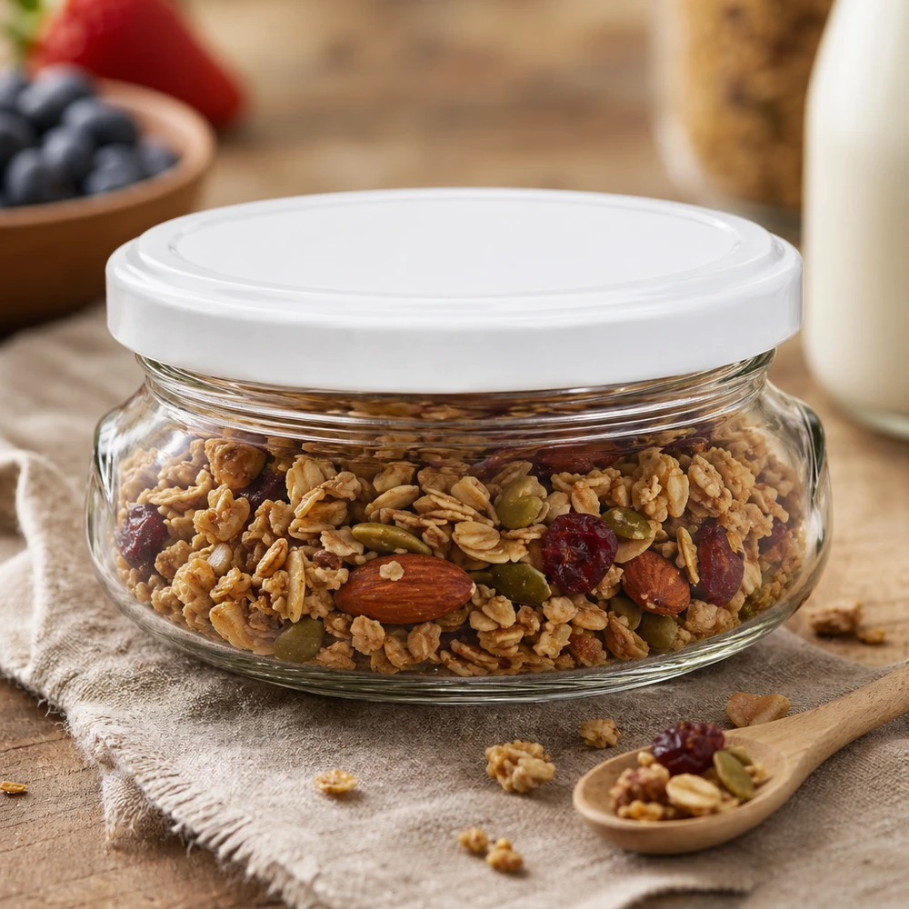 120ml Terrinenglas mit BasicSeal Deckel weiß UNiTWIST 120ml Terrinenglas mit weißem Deckel gefüllt mit Nuss-Mix und Trockenfrüchten auf rustikalem Holzbrett mit Löffel
