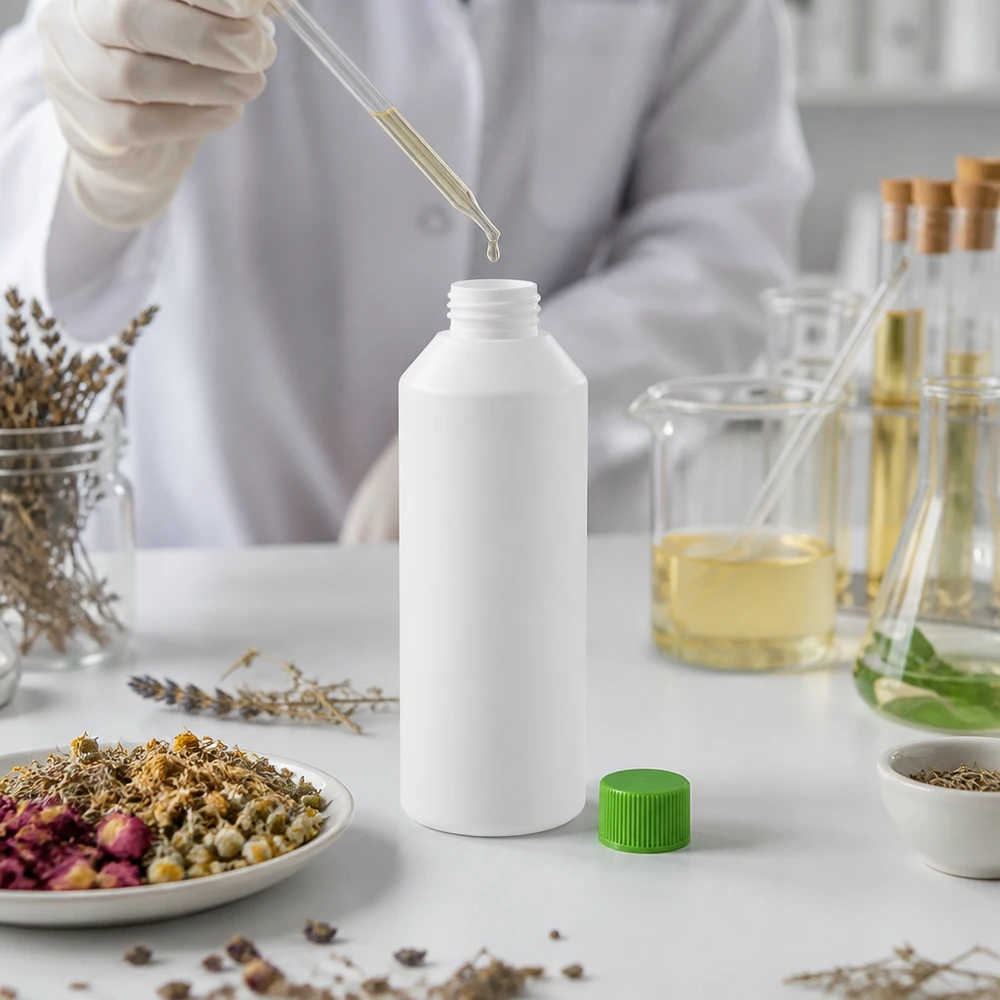 Leere weiße HDPE Rundflasche 250ml mit grünem Schraubdeckel für Naturheilmittel und Extrakte