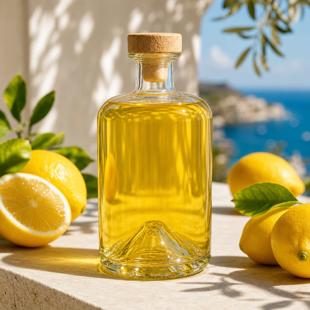 500ml Apothekenflasche "Classic" mit Holzgriffkorken UNiTWIST® Elegante 500ml Sofia Glasflasche mit Holzkorken gefüllt mit gelbem Öl neben Zitronen in mediterraner Küche