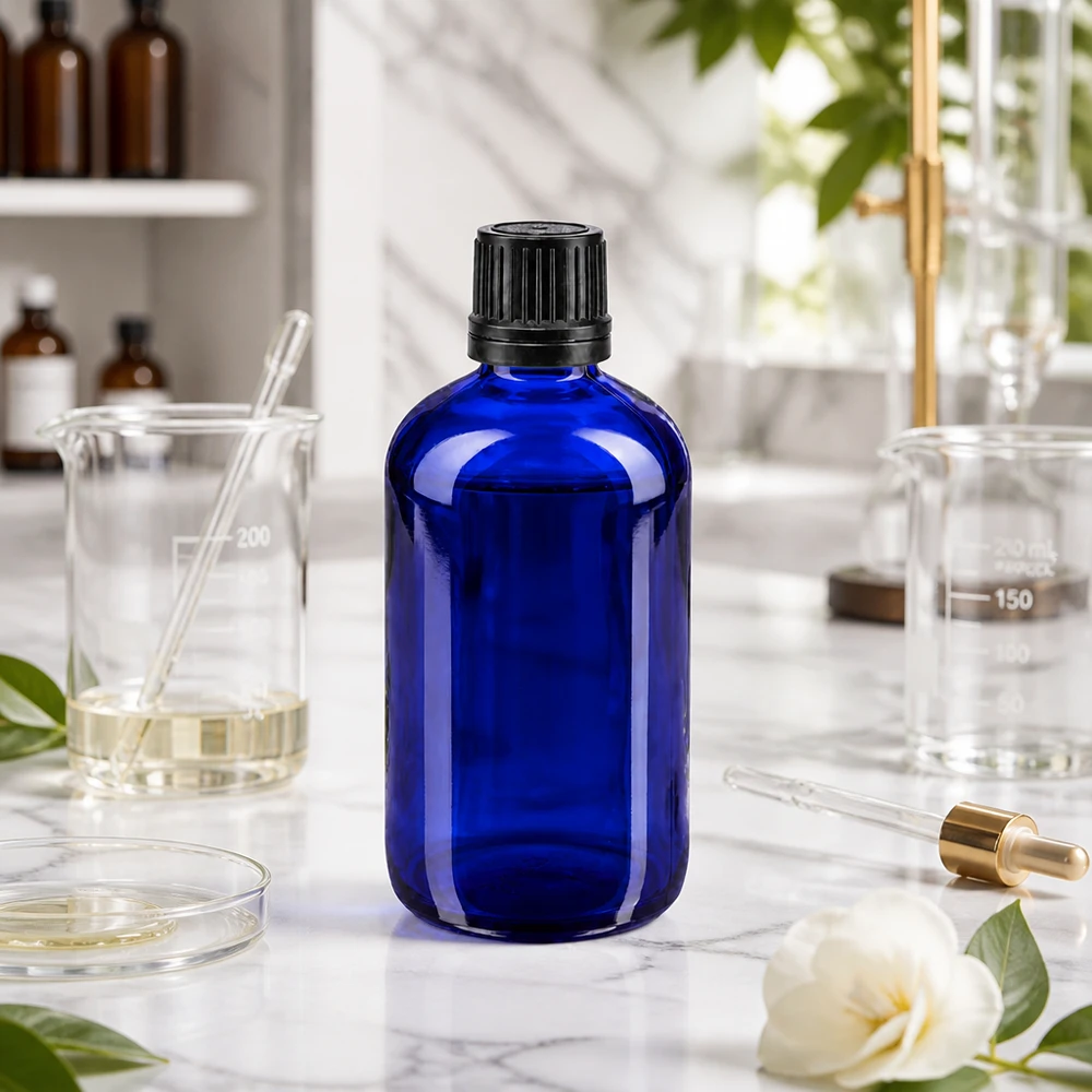 Apothekenflasche blau 100ml Schraubverschluss schwarz Giessring Originalitätsverschluss Kobaltblaue Globalflasche 100ml GR OV mit Schwarzdeckel zwischen Bechergläsern und weißer Blüte