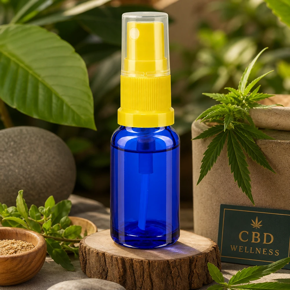 STD Sprayflasche 30ml Blauglas mit transparenter Schutzkappe auf Holzscheibe CBD Wellness