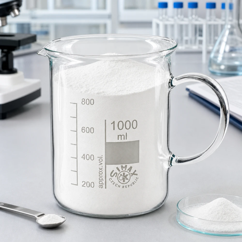 Becherglas 1000ml Borosilikatglas, mit Henkel Borosilikatglas Becherglas 1000ml mit Henkel randvoll befüllt mit weißer Substanz