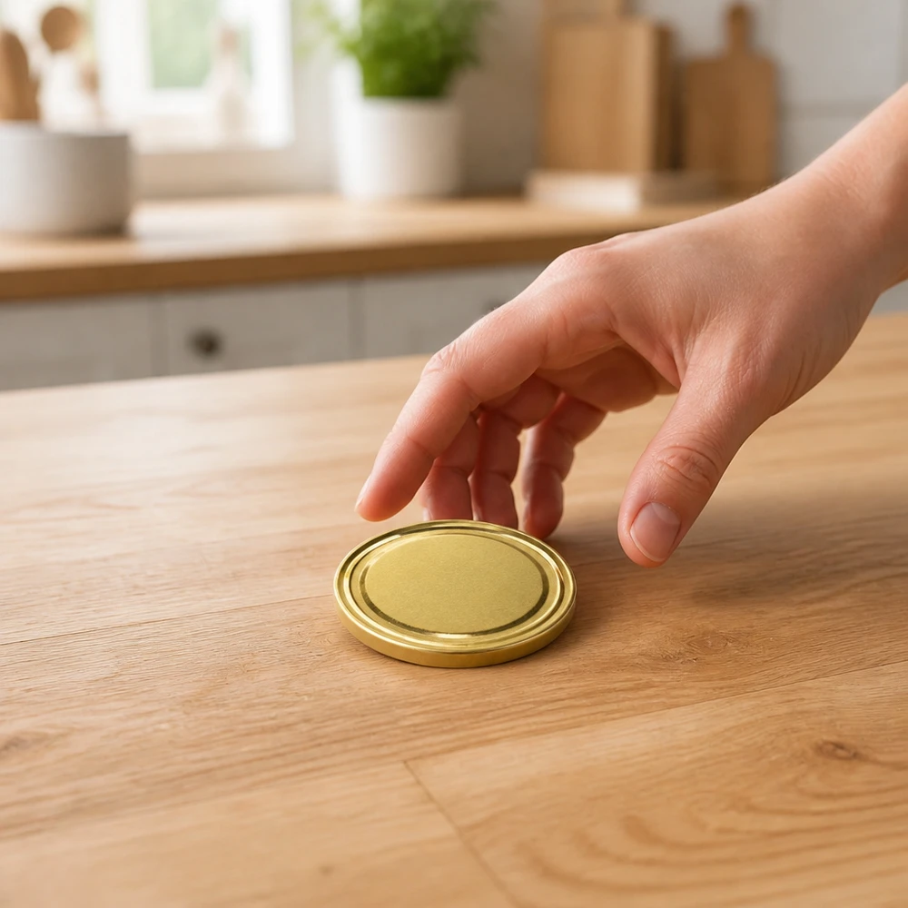 UNiTWIST TO43 gold, BioSeal, BPA-NI, unitemp Draufsicht goldener Schraubdeckel TO43 Holzunterlage UNiTWIST BioSeal BPA-NI unitemp