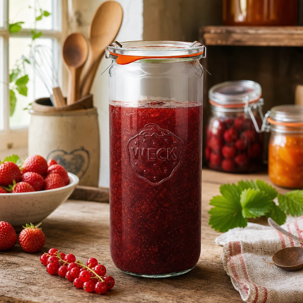 WECK Zylinderglas 1040ml RR80 mit selbstgemachter Erdbeermarmelade in rustikaler Küche mit frischen Früchten