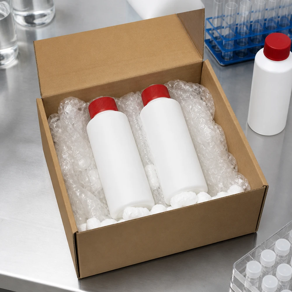 HDPE Apothekenflaschen 100ml im Karton mit Polstermaterial für bruchsicheren Versand pharmazeutischer Behälter