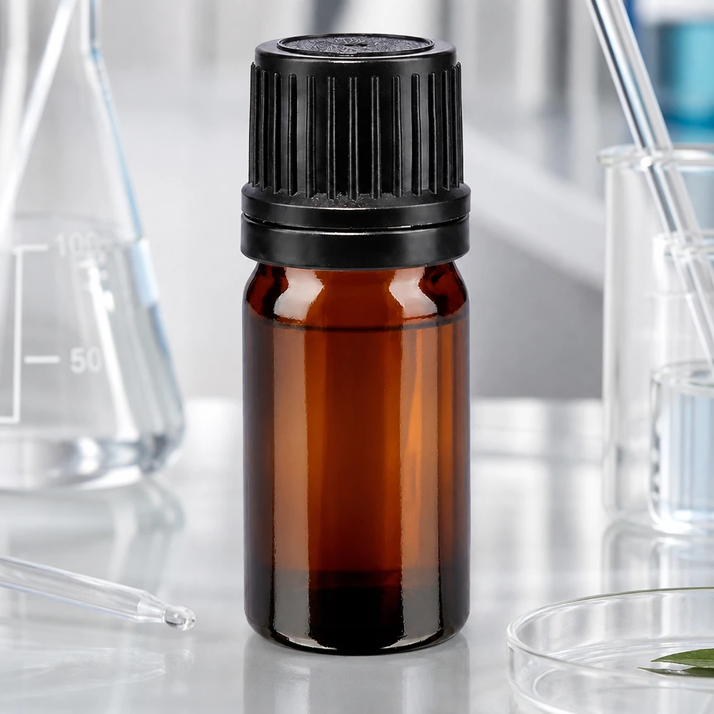 Lichtschutzflasche 5ml aus Braunglas mit geripptem OV-Verschluss in schwarz 8mm