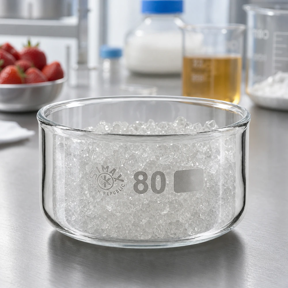 Niedrige zylindrische Glasschale ø80mm mit Silica-Gel gefüllt neben Laborgeräten und Erdbeeren