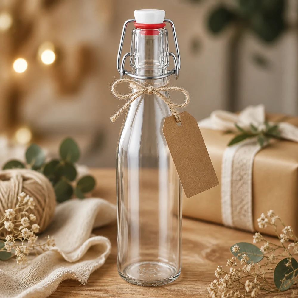 Glasflasche 250ml mit Bügelverschluss als Geschenk dekoriert, Kraftpapier-Anhänger und Juteschnur, festliche Präsentatio