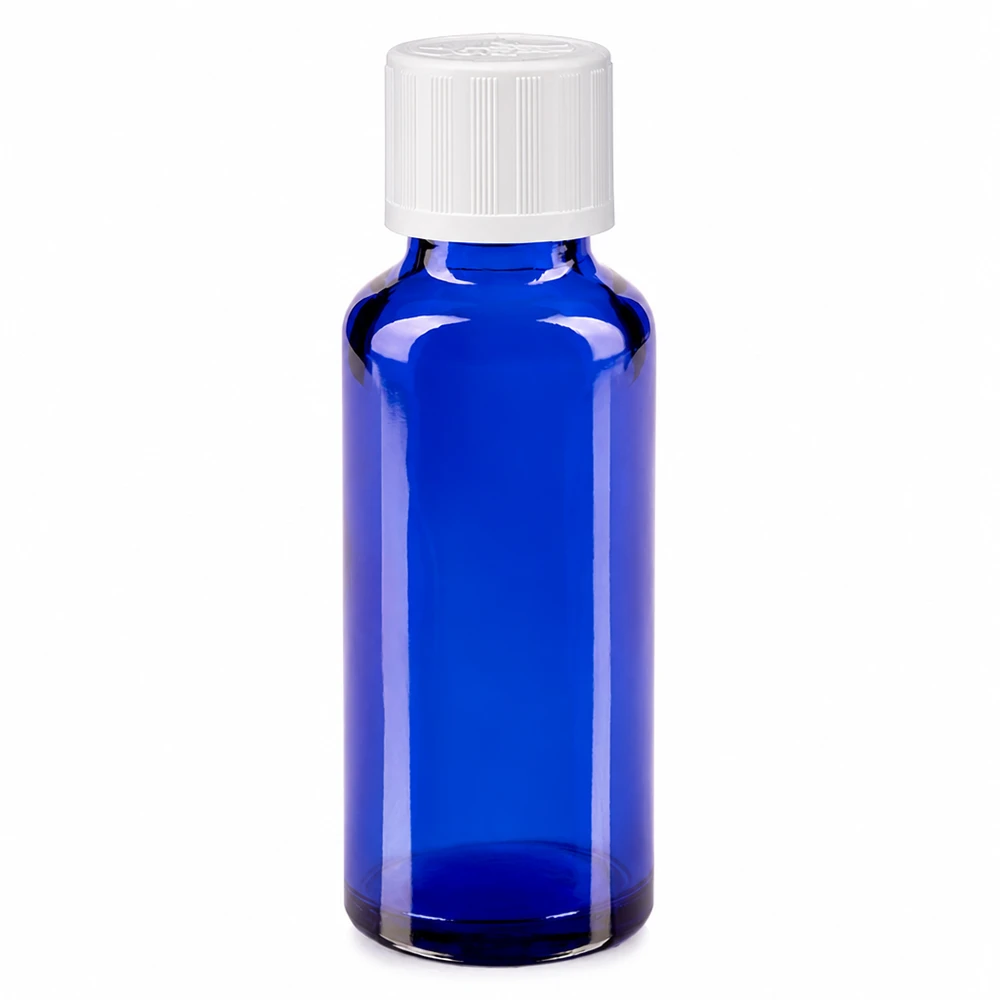 Apothekenflasche blau 30ml Schraubverschluss weiß Kindersicherung Standard Blaue Glasflasche 30ml mit weißem Schraubverschluss und Kindersicherung Standard
