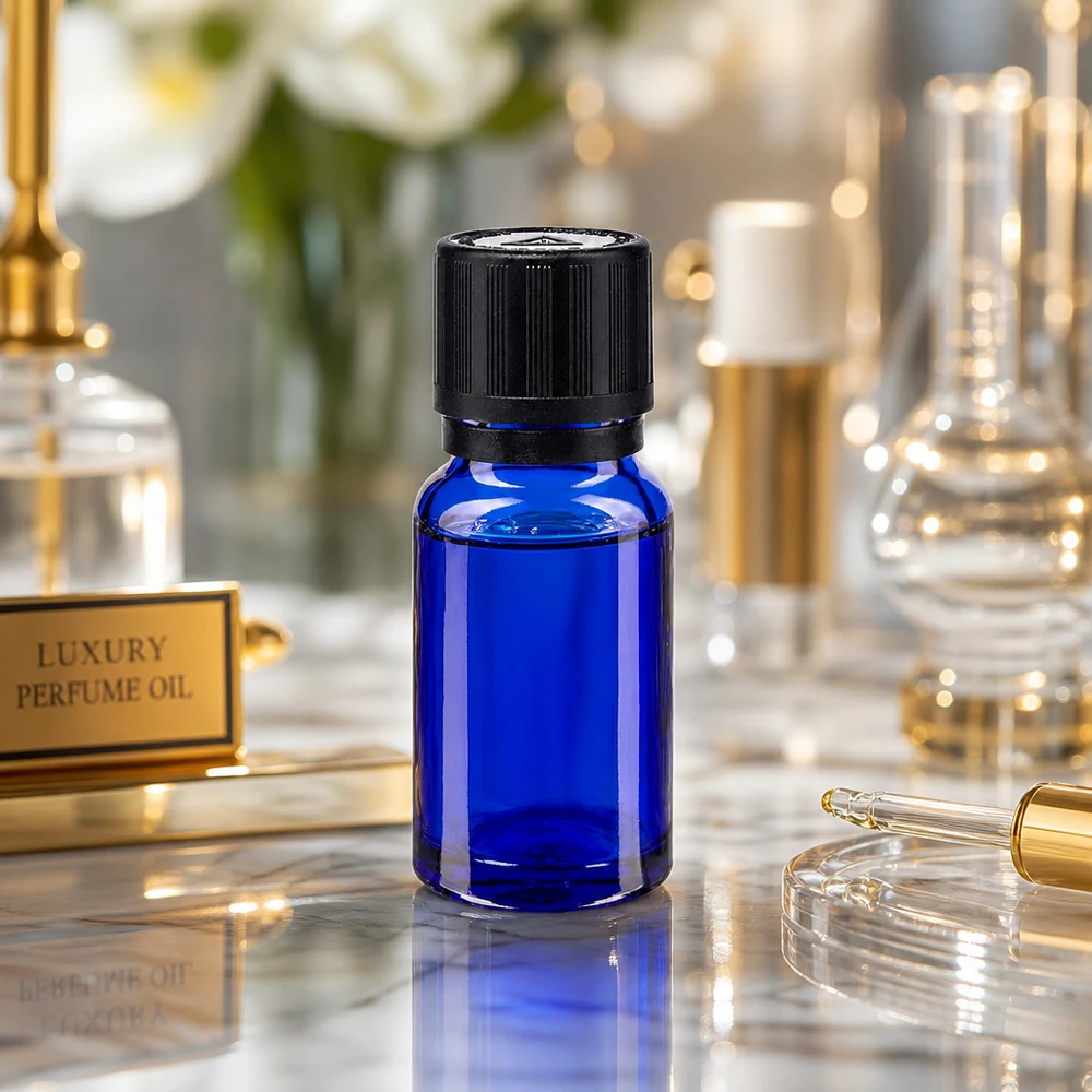 Blaue 10ml Apothekerflasche mit 1mm Tropfeinsatz neben goldenen Laborkolben und Pipette
