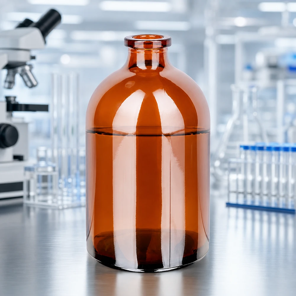 Injektionsflasche Braunglas 100ml Halbgefüllte Braunglas Injektionsflasche 100ml mit glatter zylindrischer Außenwandung im Reinraum