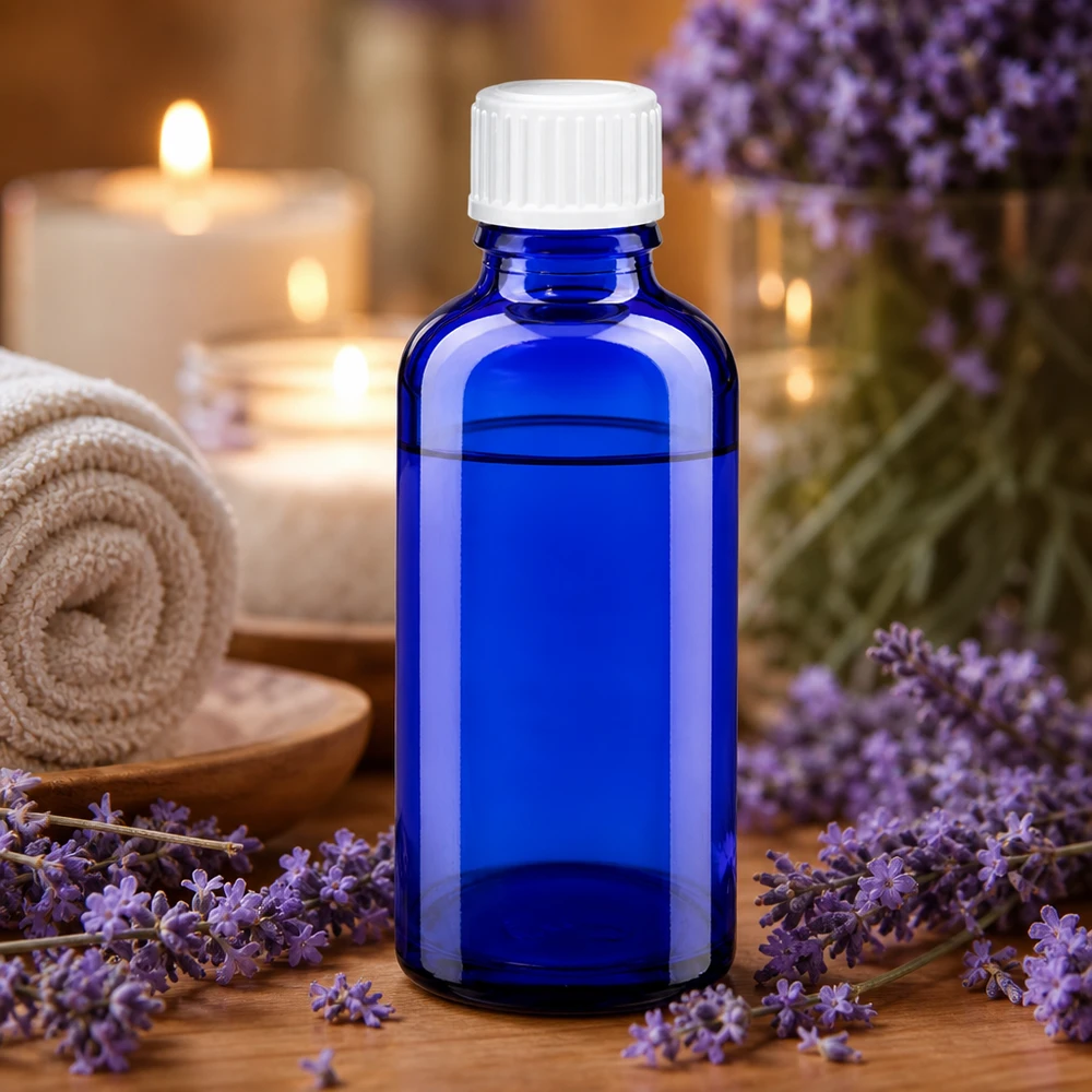 Apothekenflasche blau 50ml Schraubverschluss weiß Globuli Standard Blaue Apothekerglasflasche 50ml mit Standardverschluss für ätherische Lavendelöle und Aromatherapie