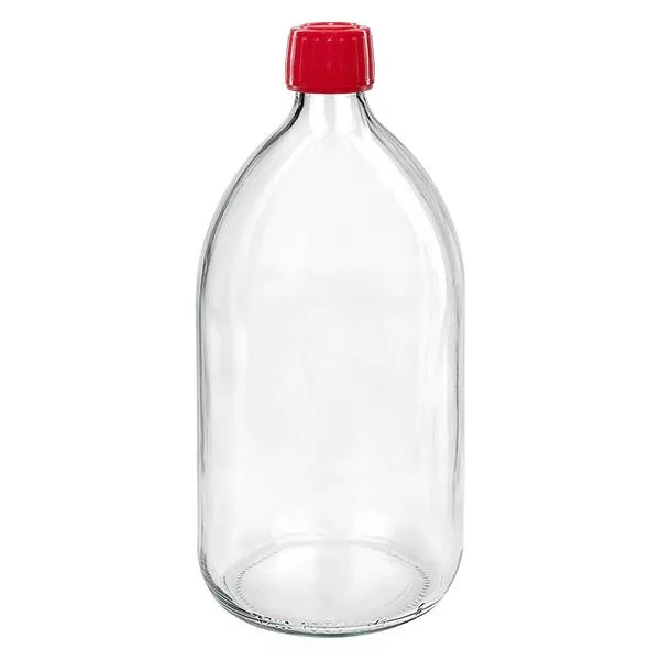 1000ml Medizinflasche klar, Verschluss rot mit Originalitätsring ApoGlas 1000ml Medizinflasche klar, Verschluss rot mit Originalitätsring ApoGlas