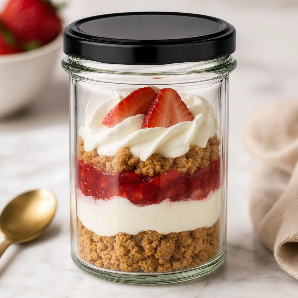 230ml Sturzglas mit schwarzem Deckel als Dessertglas für Schichtnachtisch mit Erdbeeren Sahne und Keksboden