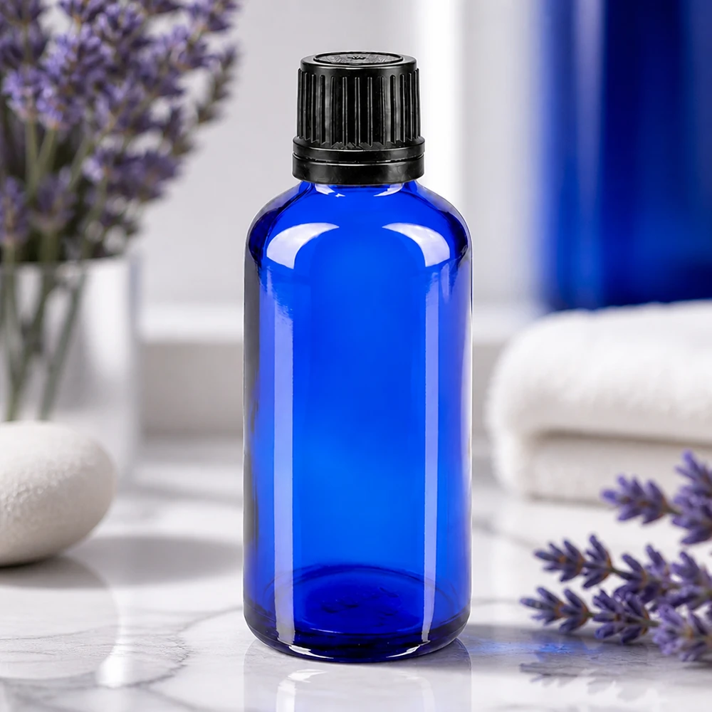 Apothekenflasche blau 50ml Schraubverschluss schwarz Giessring Originalitätsverschluss Kobaltblaue Glasflasche 50ml mit UV-Schutz und schwarzem OV-Deckel für ätherische Öle