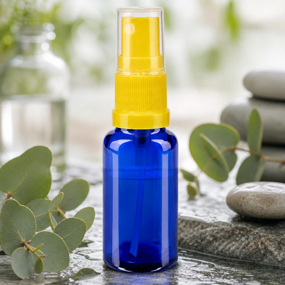 Apothekenflasche blau 20ml Sprayaufsatz gelb UV-Schutz Glasflasche 20ml blau mit gelbem Zerstäuber und durchsichtiger Sicherheitskappe