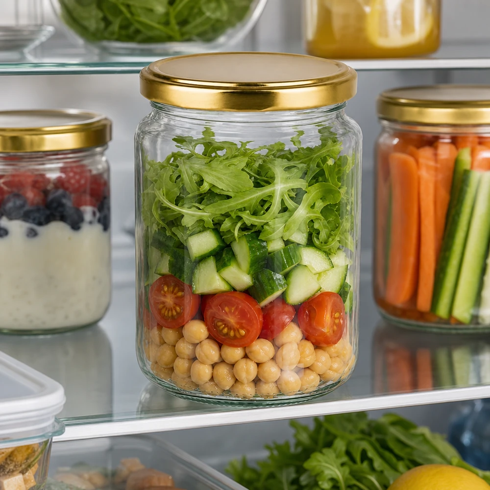 382ml Rundglas mit BasicSeal Deckel gold UNiTWIST 382ml Rundglas mit goldenem Deckel als praktisches Meal-Prep-Glas für Salat im Kühlschrank neben Gemüse-Vorräten