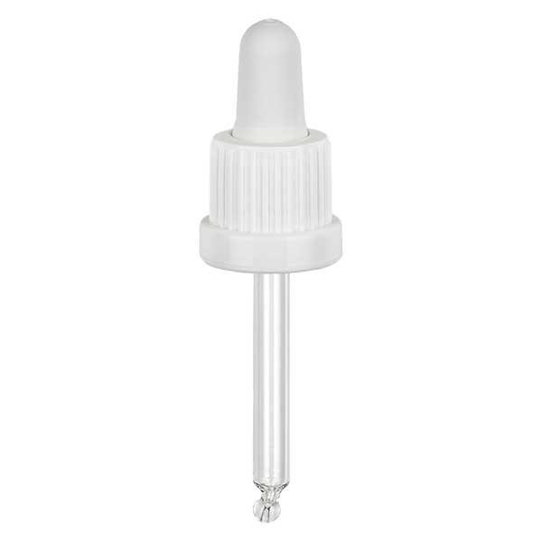 Glas-Tropfpipette weiß/weiß 18mm PL53.5 Originalitätsverschluss Glas-Tropfpipette weiß/weiß 18mm PL53.5 Originalitätsverschluss
