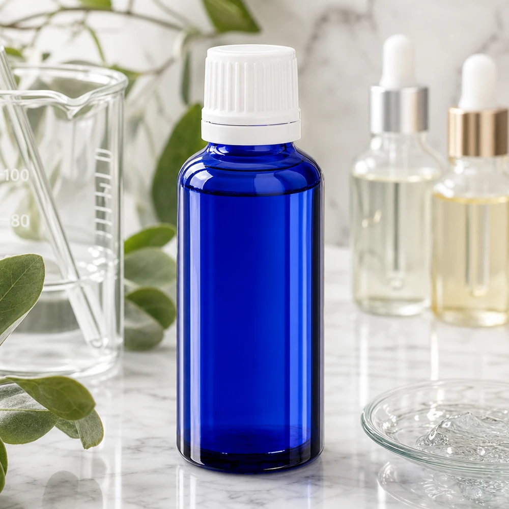 Kobaltblaue Lichtschutzflasche 30ml mit 0,7mm Tropfeinsatz für präzise Dosierung von Serums