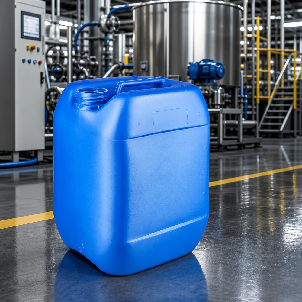 10 Liter Industriekanister blau ohne Verschluss vor Edelstahltanks in Chemiefabrik