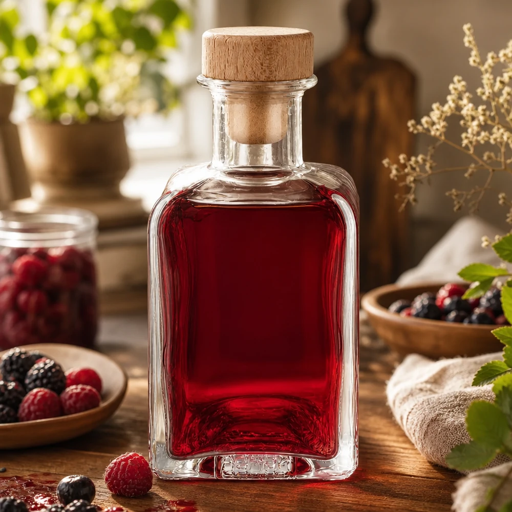 200ml Glasflasche Clara mit rotem Beerensaft gefüllt rustikale Küchendeko Holzkorken mixed berry styling Naturambiente