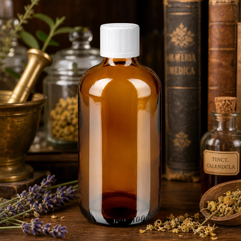 100ml Apothekenflasche Braunglas weißer KiSi-Verschluss neben Tinctura Calendula Flasche
