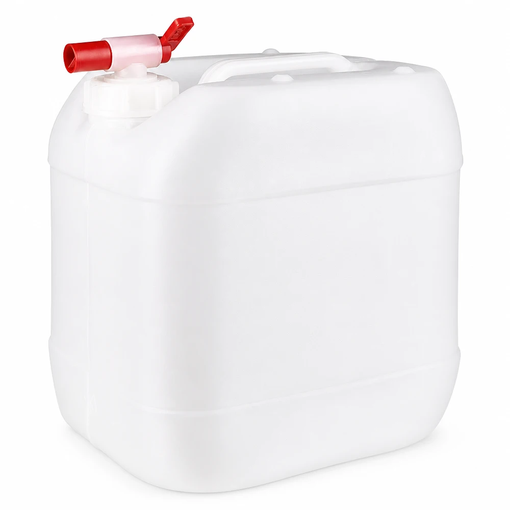 Kanister 15 Liter mit Auslaufhahn Rechteckiger HDPE Kanister 15L mit praktischem Ablasshahn und Tragegriff in Weiß