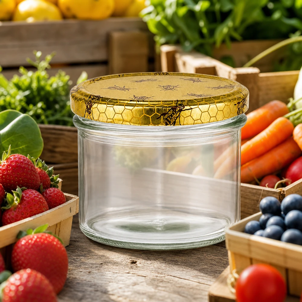 225ml Sturzglas + BasicSeal Deckel Bienenwabe UNiTWIST 225ml Sturzglas leer mit Bienenwaben-Deckel umgeben von frischen Früchten Gemüse rustikale Küche Einmachglas