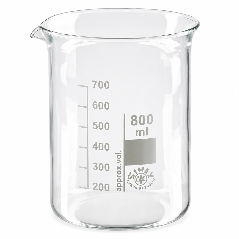 Becherglas 800ml Borosilikatglas, niedrige Form Niedriges Becherglas 800ml aus hitzebeständigem Borosilikatglas für Labor und Küche