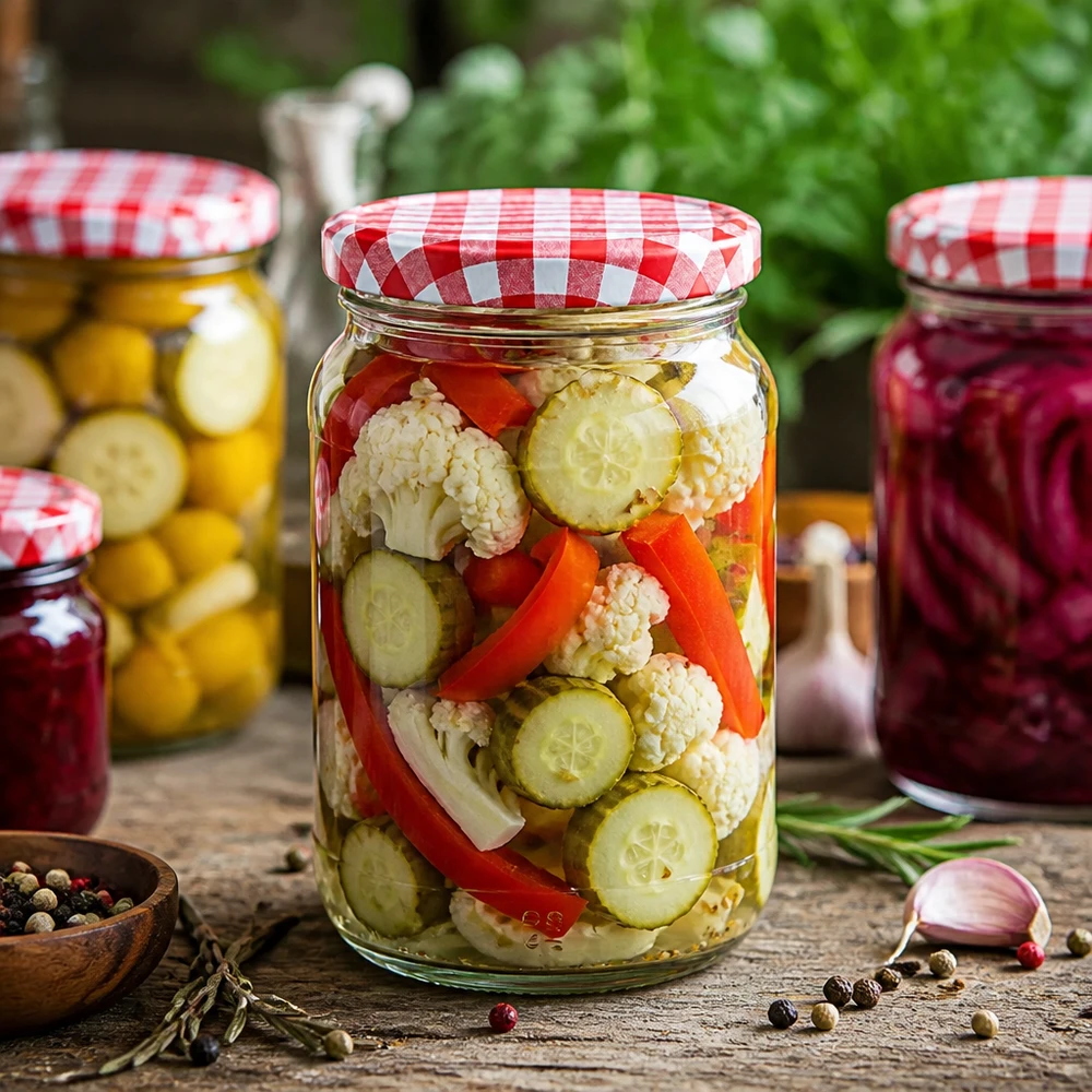 1062ml Rundglas + BasicSeal Deckel rot/weiß UNiTWIST 1062ml Rundglas BasicSeal Deckel mit eingelegtem Mischgemüse Cauliflower Gurken Paprika Konservenglas Fermentation