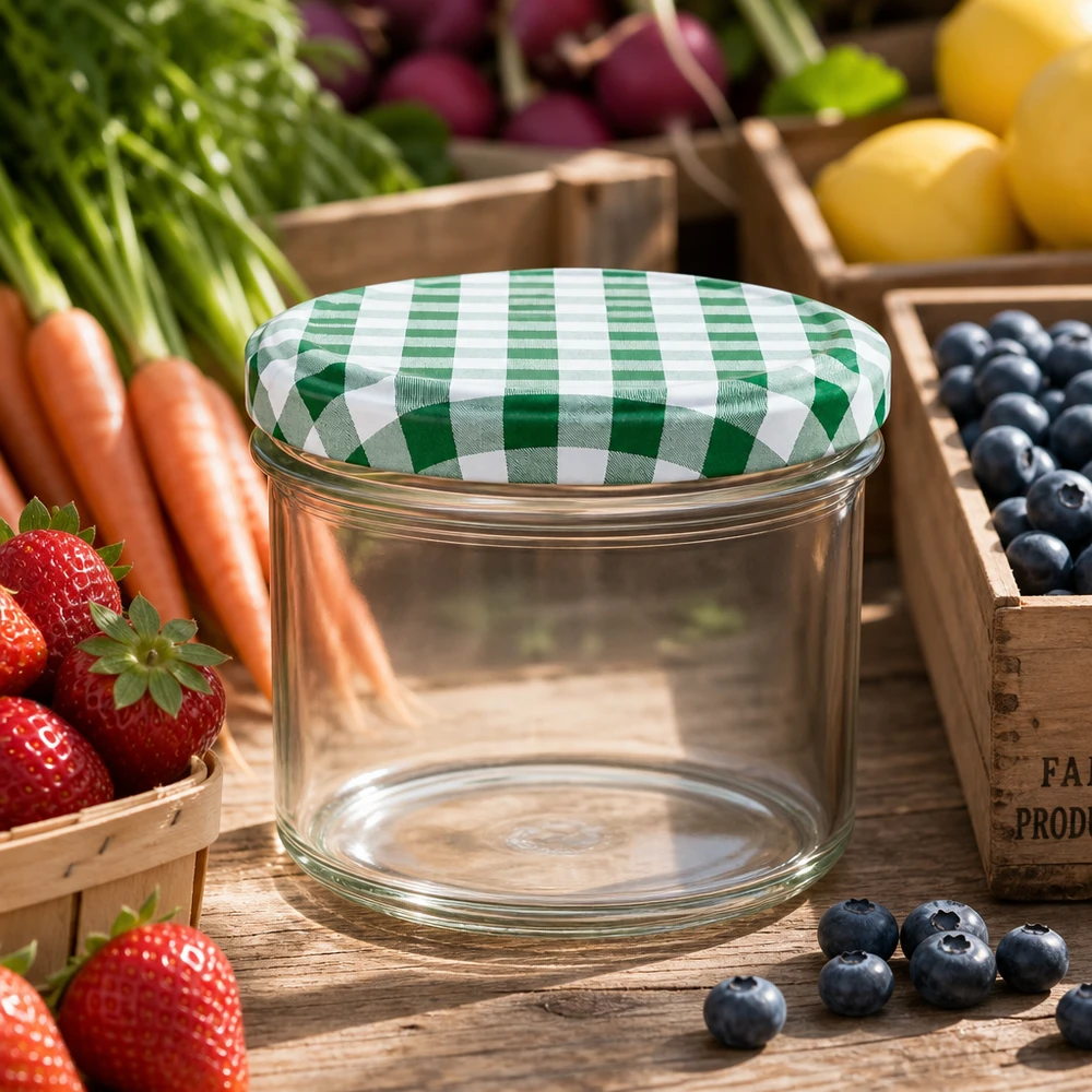 225ml Sturzglas mit grün-weißem Karodeckel umgeben von frischem Obst und Gemüse in rustikaler Küche