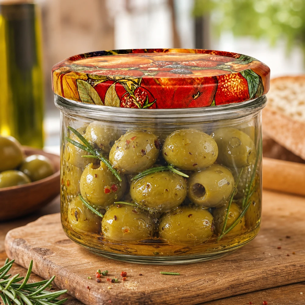 225ml Sturzglas Obst-Dekor mit marinierten Oliven gefüllt, Einmachglas für mediterrane Antipasti und Delikatessen